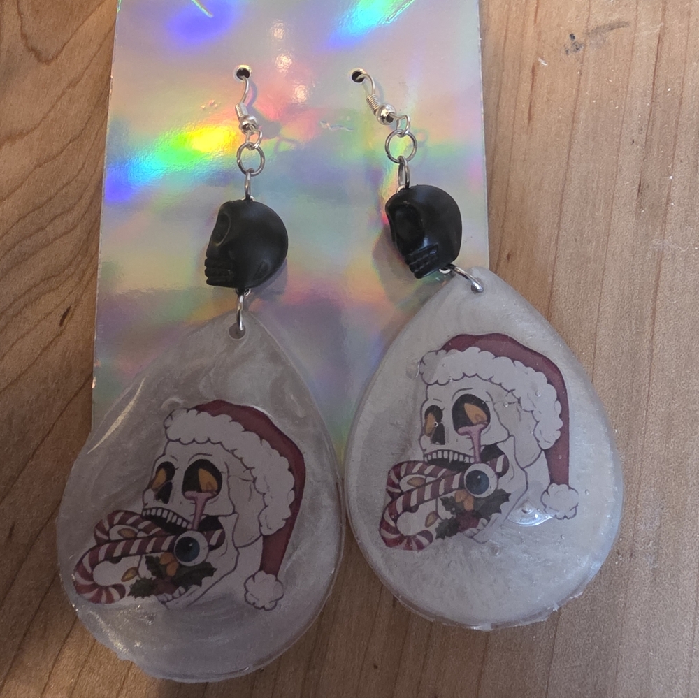 Candy Cane Skull Christmas Stainless Steel Resin Earrings 3.25 In Gothic Holiday